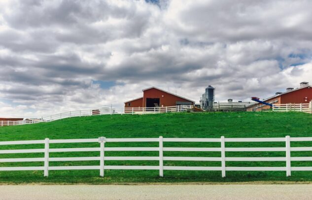 a-dairy-farm-with-a-red-barn-2024-09-23-08-48-23-utc a dairy farm with a red barn, surrounded by white three-rail hdpe fencing