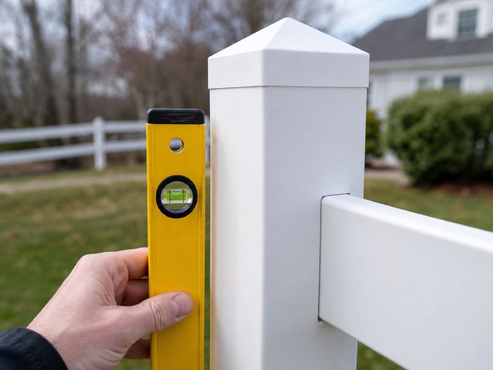 Inspecting fence post alignment spirit level