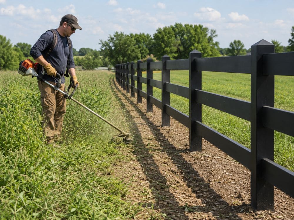 Trimming vegetation along fence line